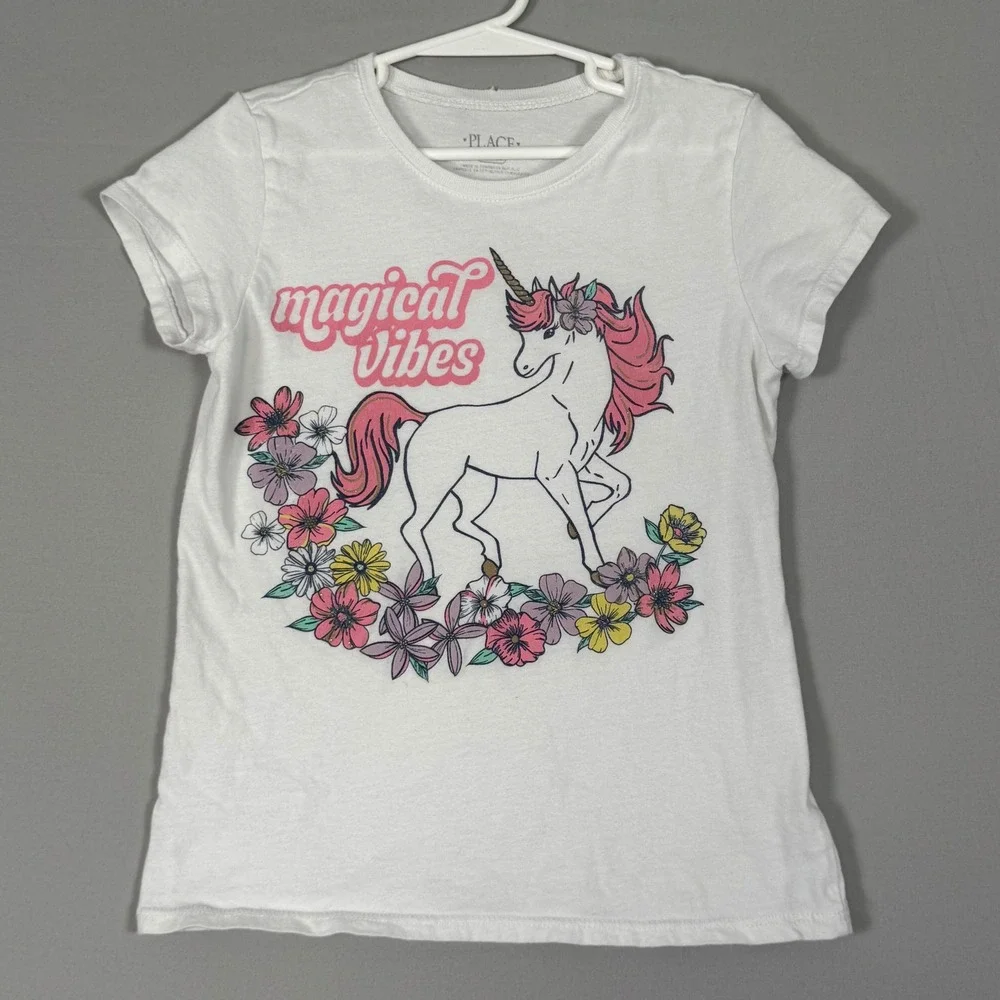 The Childrens Place Graphic Tee Kids Size M 7/8 White Excellent Unicorn Floral